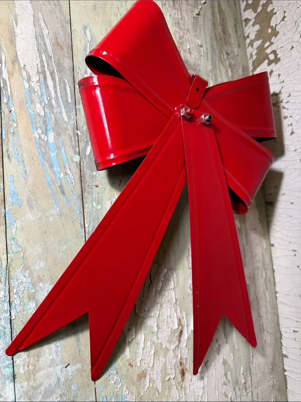 🎄 Red Distressed Metal Decorative Bow Wall or Wreath Accent w/Hanger